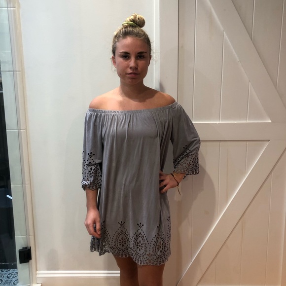 Off the shoulder flux suede grey dress - Picture 2 of 4
